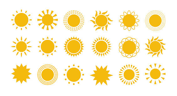 Yellow flat sun with rays icons in various design. Sun silhouette icons. Graphic weather signs. Symbol of heat, warm and climate. Vector illustrations set isolated on white background.