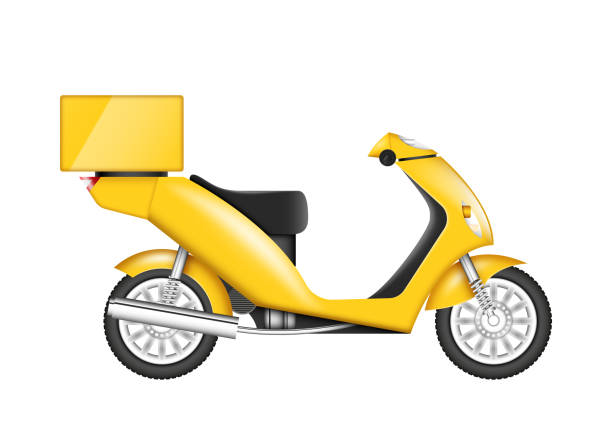 istock Realistic delivery scooter. Yellow motorcycle with box for shipping food, drinks, grocery 1441786251