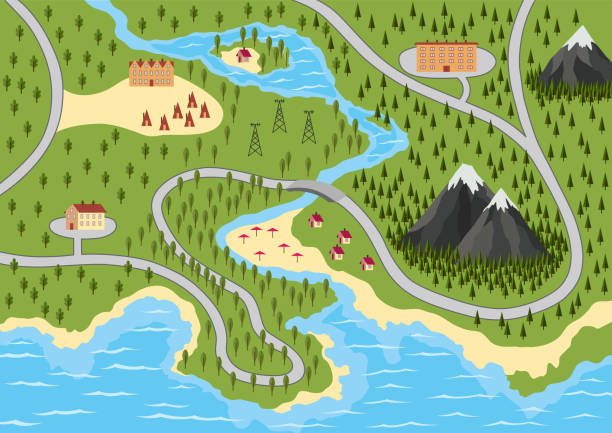 Suburban map with houses, trees, road, river and mountain. Village with water, aerial view. GPS, city navigation with roads and buildings. Vector illustration in flat style Suburban map with houses, trees, road, river and mountain. Village with water, aerial view. GPS, city navigation with roads and buildings. Vector illustration in flat style. cartographer stock illustrations