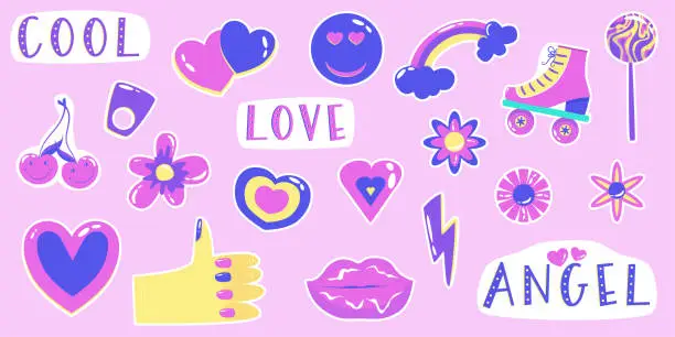 Vector illustration of Retro sticker y2k set. Hipster Y2k aesthetic collection. Retro vintage girly badge collection. Sticker pack. Vector graphic illustration.