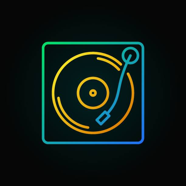Turntable vector colored icon in thin line style Turntable vector colored icon in thin line style. Player for vinyl records concept sign on dark background dj decks stock illustrations