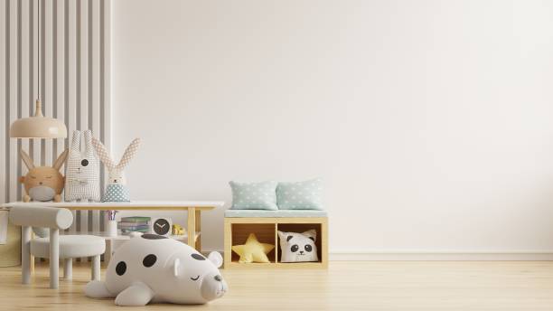 istock Mockup wall in the children's room with table and decor on wall white background. 1441791640