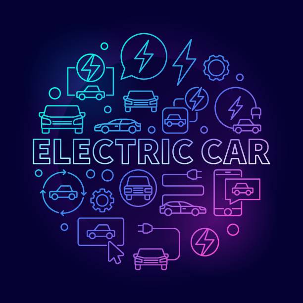 Electric Car round colorful illustration - vector EV linear symbol on dark background Electric Car round colorful illustration - vector EV concept line symbol on dark background supercharged engine stock illustrations