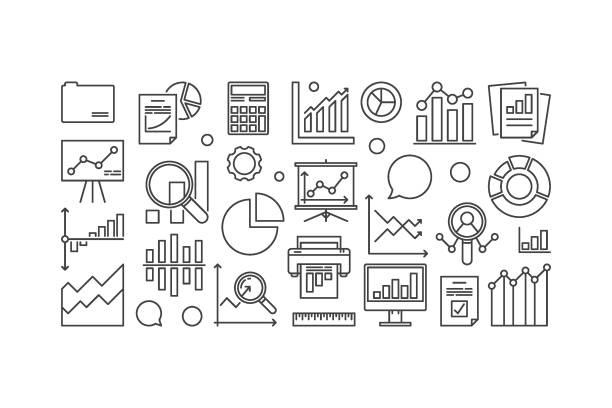 Statistics and analytics concept illustration Statistics and analytics concept illustration or banner in thin line style on white background accounting office background stock illustrations