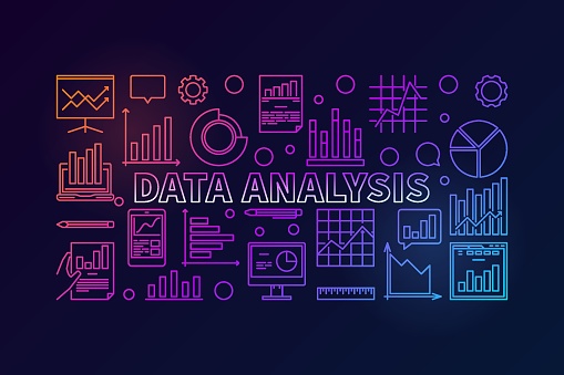 Data Analysis vector colorful modern banner or illustration in outline style on dark background