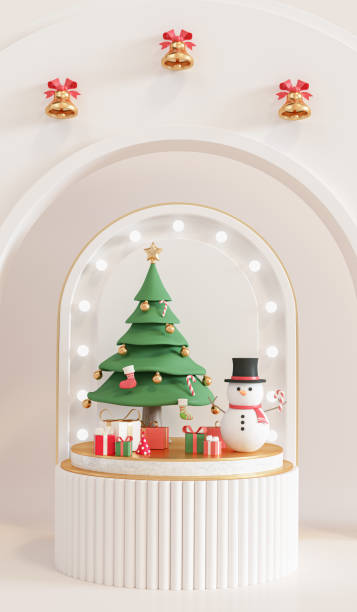 istock A Christmas tree and gift boxes are placed on a cylindrical pedestal. with a semicircular arched background, 3D Render 1441798106