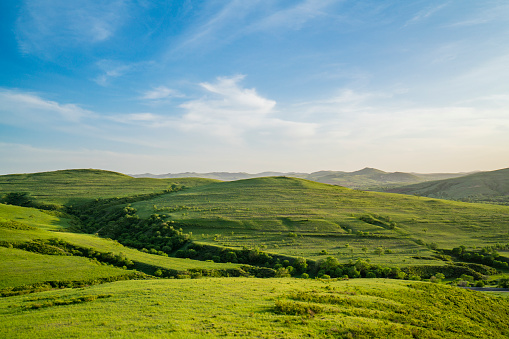 Country landscape along the road from Sassuolo to Serramazzoni, Modena province, Emilia-Romagna, Italy, at springtime