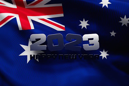3d illustration of the national flag of Australia with a congratulatory inscription happy new year 2023