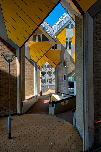 Rotterdam, Netherlands - May 11, 2017: Cube houses - innovative cube-shaped houses designed by architect Piet Blom with idea to optimize space in Rotterdam, Netherlands now became a tourist attraction