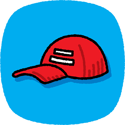 Vector illustration of a hand drawn red baseball cap against a blue background with textured effect.