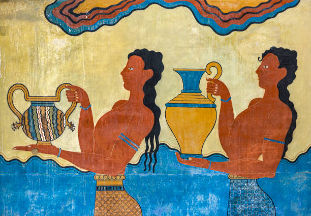 fragmento del fresco de la procesión en el palacio de knossos en heraklion, creta, grecia - edad de bronce fotografías e imágenes de stock