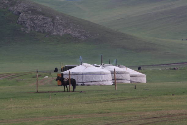 Nomadic families in the tranquility of the peaceful Orkhon valley, Ovorkhangai region in Mongolia. stock photo