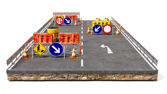 Concept of road works, front view on a piece of ground where sections with damaged asphalt and pits are enclosed by road barriers and signs, isolated on white background, 3d illustration