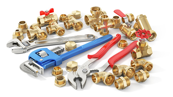 Plumbing fixtures and piping parts, fittings and valves, pipes and adapters. 3d illustration