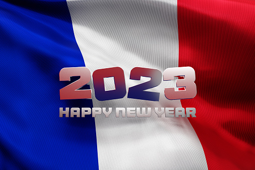 3d illustration of the national flag of France  with a congratulatory inscription happy new year 2023