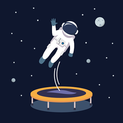 Astronaut Jumping and Bouncing on Trampoline. Vector illustration