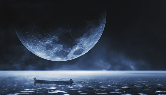 3D Rendering Fishermen ride fishing boats at night. Sky and moon background