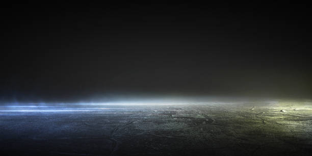 istock 3D rendering wallpaper wet asphalt reflection of neon lights on black background. 1441815592