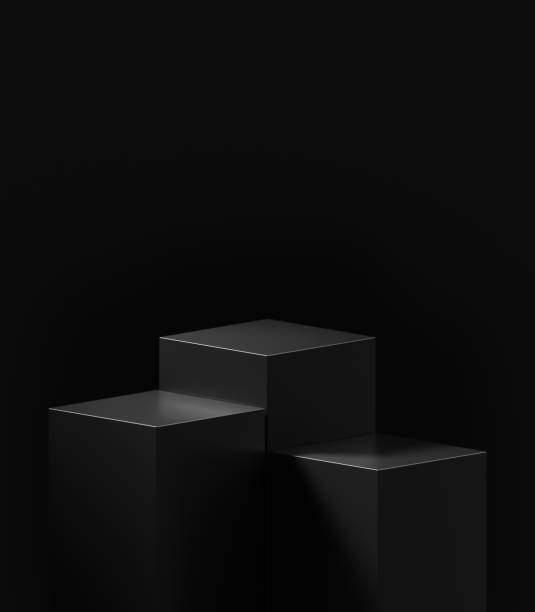 istock Luxury geometric black podium stage stand on light platform showcase 3d background with empty show product display pedestal or modern studio presentation scene and elegant advertising shelf banner. 1441818889