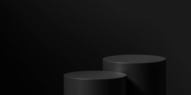 istock Black 3d stage banner on modern podium empty background mockup with abstract light dark product space display stand or luxury presentation pedestal scene studio and advertising backdrop sale platform. 1441818892