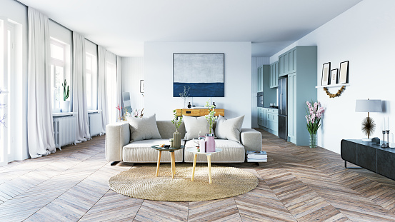 Modern Living room interior design, wooden furniture, neutral color scheme. 3d design illustration