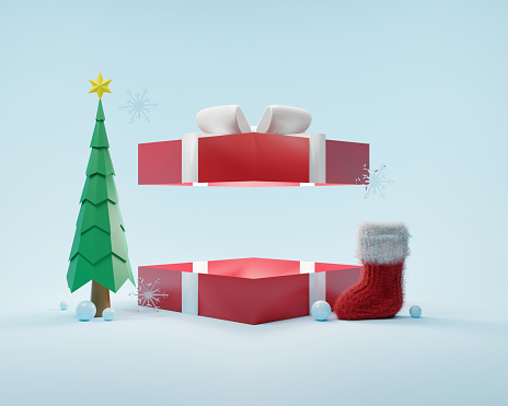 istock Linda ilustración de renderizado 3D de Feliz Navidad y Feliz Año Nuevo resumen de fondo para tarjeta de felicitación de vacaciones de invierno, maqueta en estudio. Pino árbol de Navidad y caja de regalo. 1441824700