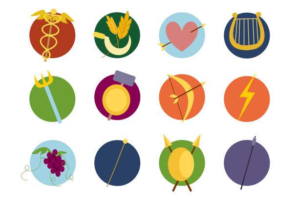 Symbols or instruments of Greek gods cartoon illustrations set Symbols or instruments of Greek gods cartoon illustrations set. Signs of characters from ancient myths, hammer and shield, lyre, trident, grape on white background. Mythology, history concept cartoon of caduceus medical symbol stock illustrations