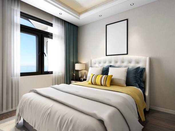 istock 3D rendering, elegant and modern bedroom design, big bed with overcoat cabinet, coffee table, TV, carpet, etc., very comfortable and leisure. 1441829216