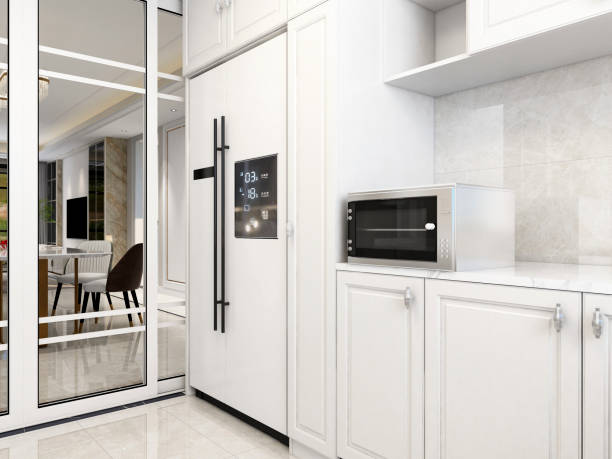 istock 3D rendering,Modern family kitchen design, new cabinets and kitchenware with refrigerators, sunlight from the window. 1441829427