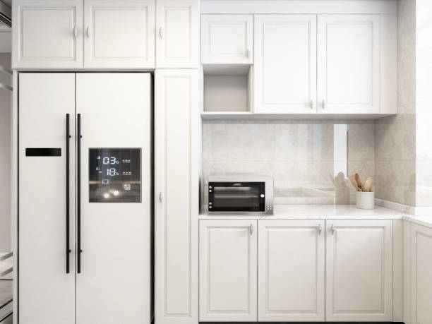 istock 3D rendering,Modern family kitchen design, new cabinets and kitchenware with refrigerators, sunlight from the window. 1441829444