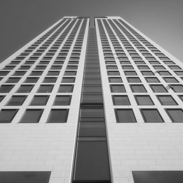 istock Low angle shot of white building facade in black and white 1441830523
