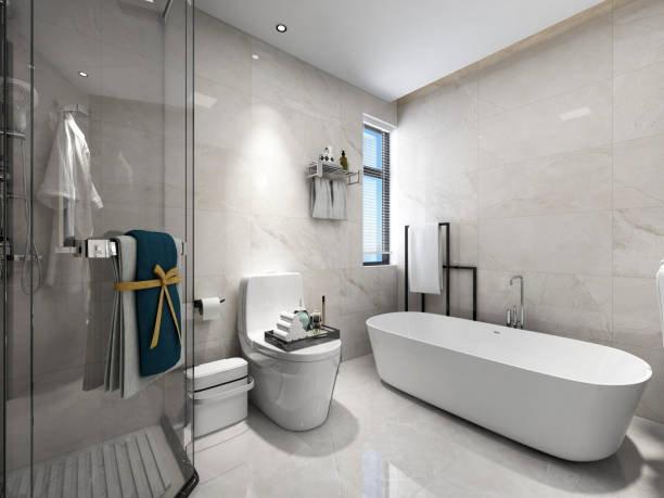istock 3D rendering,Clean modern residential bathroom and toilet design, which is equipped with washstand, toilet and shower equipment, etc. 1441831180