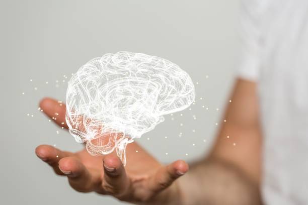 istock Blurred male hand holding a 3d human mind concept of Artificial intelligence on a gray background 1441831320