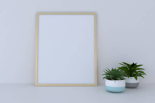istock 3d rendering of a blank frame leaning on a white wall near flower pots 1441834367