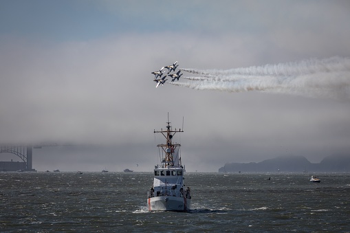 San Francisc, United States – October 07, 2022: The United States Navy Blue Angels performing in an air show over San Francisco during fleet week 2022