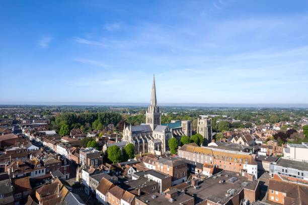 Aerial panorama of Chichester city centre, England, UK Aerial panorama of downtown Chichester, England, UK chichester stock pictures, royalty-free photos & images