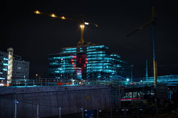gothenburg, Sweden – December 05, 2020: The illuminated with a red heart Platina building construction site  on the waterfront in Gothenburg