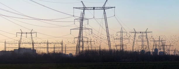 日没時のエネルエナジーの電力線のパノラマショット - energie ストックフォトと画像