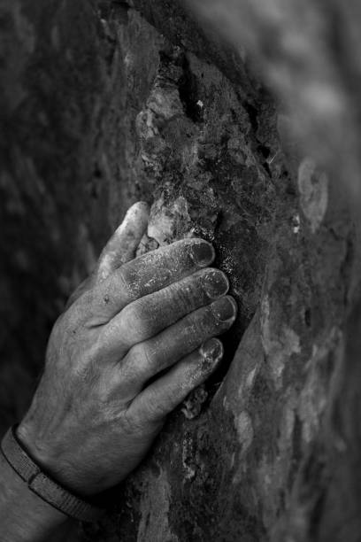 istock Vertical grayscale of a dusty hand holding from a rock covered with lichen 1441836511