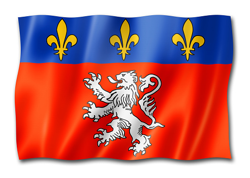 Lyon City flag, France waving banner collection. 3D illustration
