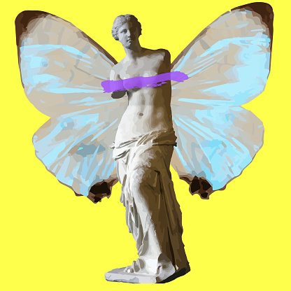 A 3D rendering of a modern edit of the Aphrodite statue with butterfly wings against a yellow background