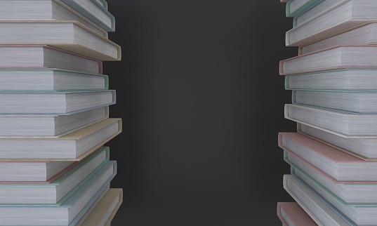 An illustration of 3D rendering of books stacked on eachother in two coloumns on a dark background with copyspace