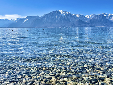 Closeup shot of the Geneva lake in Clarens, Montreux, Switzerland