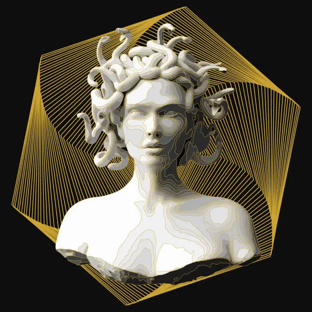 A 3D rendering of the Medusa Statue with yellow outlines and geometric shapes on a black background