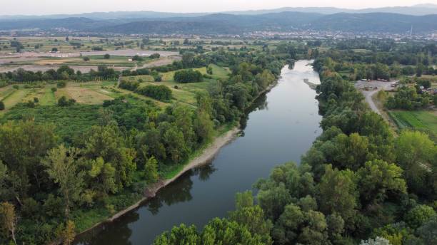 istock Aerial view of a deep river surrounded by dense forests 1441837434