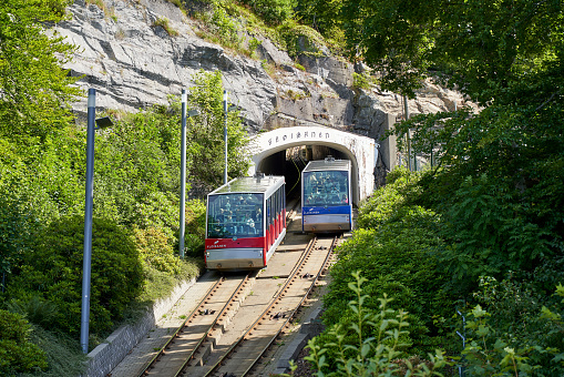 Bergen, Norway – July 23, 2020: The Floibanen is a funicular railway in the Norwegian city of Bergen. It connects the city center with the mountain of Floyen, with its mountain walks