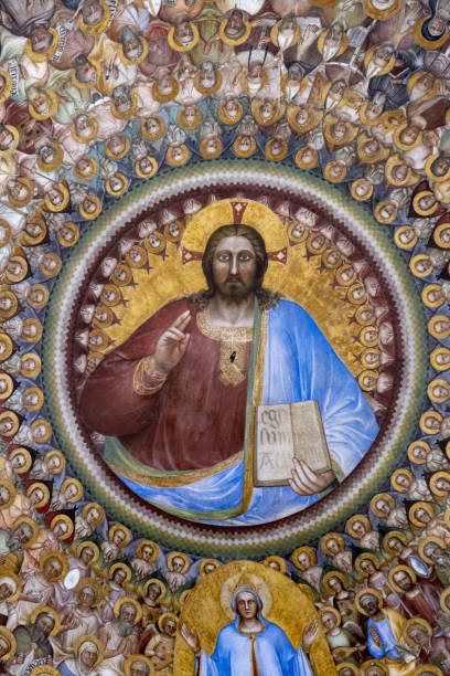 vertical shot of the biblical frescoes in the cathedral of santa maria assunta by giusto de menabuoi - vaftizhane stok fotoğraflar ve resimler