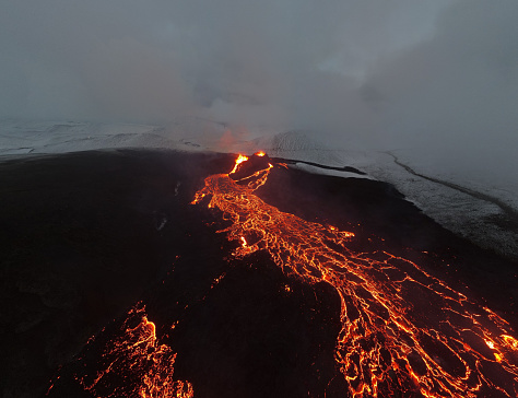 A night view of the Fagradalsfjall volcano in Iceland
