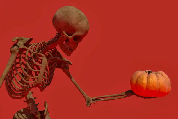 Photo of 3D rendering illustration of a skeleton holding a pumpkin - concept of existence, to be or not to be