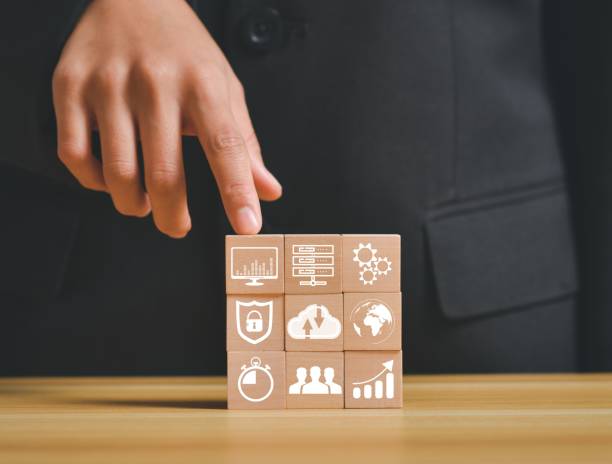 istock Closeup shot of digital transformation management with an icon on a wooden cube stack 1441840770